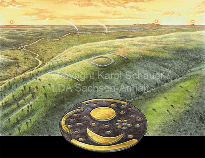 The Sky Disc as an instrument for taking bearings of sunrises and sunsets from the Mittelberg hill. © State Office for Heritage Management and Archaeology Saxony-Anhalt, Karol Schauer.