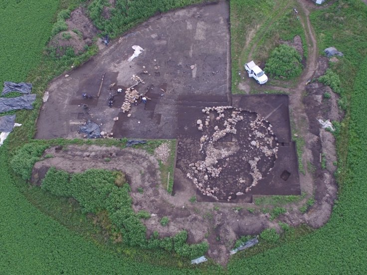 Mit einem Durchmesser von 65 Metern und einer Höhe von 13 Metern handelte es sich beim Bornhöck (bei Dieskau) um das größte bekannte Fürstengrab der frühen Bronzezeit. Die Reste des Hügelgrabs wurden zwischen 2014 und 2017 vollständig freigelegt und untersucht. In der Bildmitte gut erkennbar ist die Steinabdeckung der zentralen Grabkammer. © Landesamt für Denkmalpflege und Archäologie Sachsen-Anhalt, Thomas Koiki.