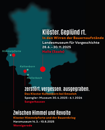 Das Netzwerk der am Projekt beteiligten Einrichtungen umfasste das Harzmuseum Wernigerode, das Spengler-Museum Sangerhausen und das Landesmuseum für Vorgeschichte Halle (Saale) – die Forschung und Vermittlung hatte die drei authentischen Orte der Bauernaufstände Himmelpforte, Kaltenborn und Mallerbach im Fokus. © Landesamt für Denkmalpflege und Archäologie Sachsen-Anhalt, Klaus Pockrandt (Halle [Saale]).