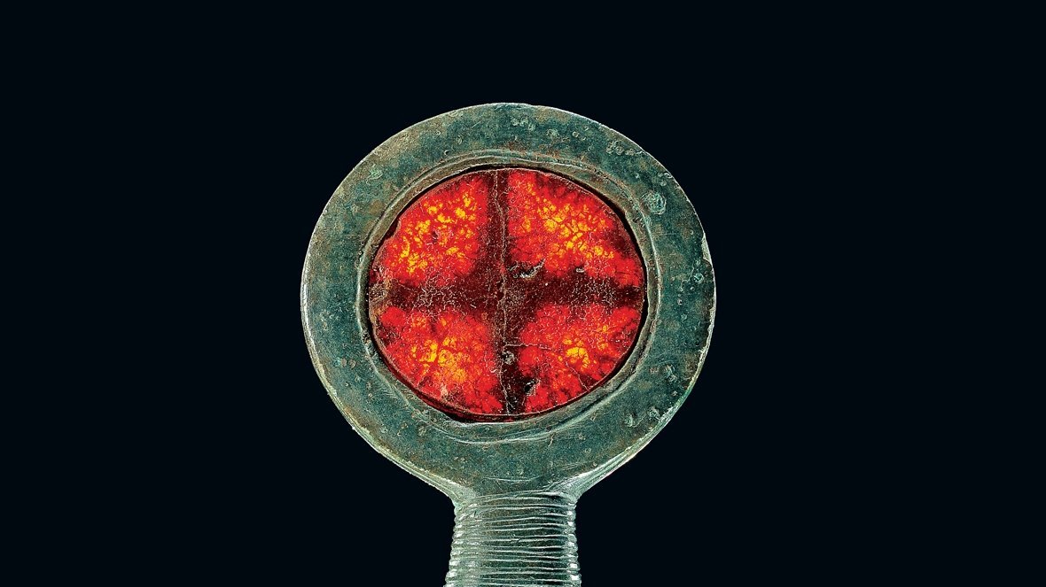 The miniature standard with a sun disc made of amber, Jutland, Denmark. @  Nationalmuseet, Juraj Lipták.